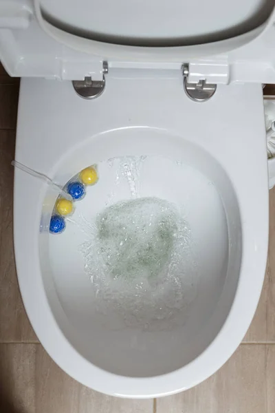 Toilette Von Oben Gesehen Offene Toilette Mit Putzkugeln Lufterfrischer Und — Stockfoto