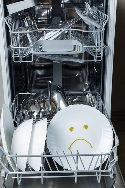 Poorly Washed Dishes Dishwasher Plate Depicts Sad Emotion — Stock Photo, Image