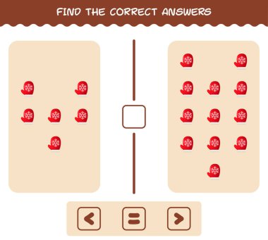 Çizgi film eldivenlerinin doğru cevaplarını bul. Arama ve sayma oyunu. Okul öncesi çocuklar ve bebekler için eğitici bir oyun