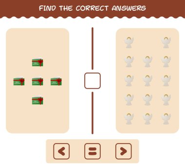 Çizgi film Noel 'inin doğru cevaplarını bul. Arama ve sayma oyunu. Okul öncesi çocuklar ve bebekler için eğitici bir oyun