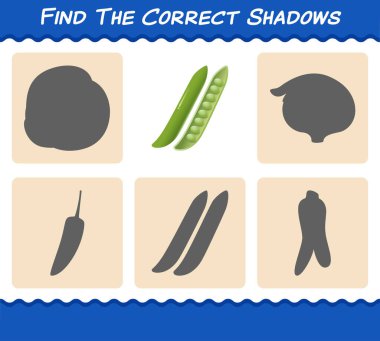 Çizgi film yeşil bezelyenin doğru gölgelerini bul. Arama ve Eşleştirme oyunu. Okul öncesi çocuklar ve bebekler için eğitici bir oyun
