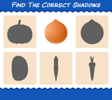 Çizgi film soğanının doğru gölgelerini bul. Arama ve Eşleştirme oyunu. Okul öncesi çocuklar ve bebekler için eğitici bir oyun