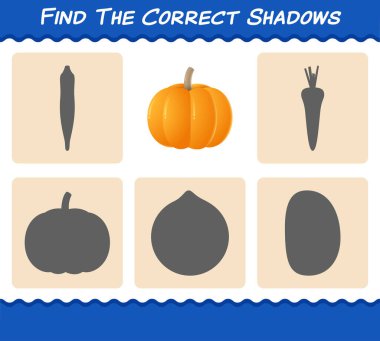 Çizgi film balkabağının doğru gölgelerini bul. Arama ve Eşleştirme oyunu. Okul öncesi çocuklar ve bebekler için eğitici bir oyun