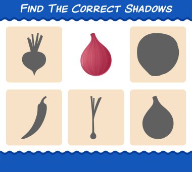 Çizgi film kırmızı soğanın doğru gölgelerini bul. Arama ve Eşleştirme oyunu. Okul öncesi çocuklar ve bebekler için eğitici bir oyun