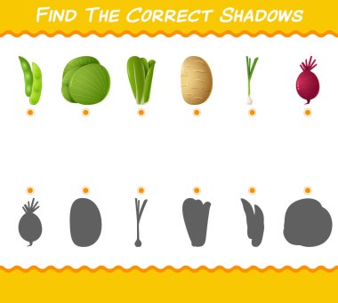 Çizgi film sebzelerinin doğru gölgelerini bul. Arama ve Eşleştirme oyunu. Okul öncesi çocuklar ve bebekler için eğitici bir oyun