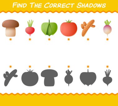Çizgi film sebzelerinin doğru gölgelerini bul. Arama ve Eşleştirme oyunu. Okul öncesi çocuklar ve bebekler için eğitici bir oyun
