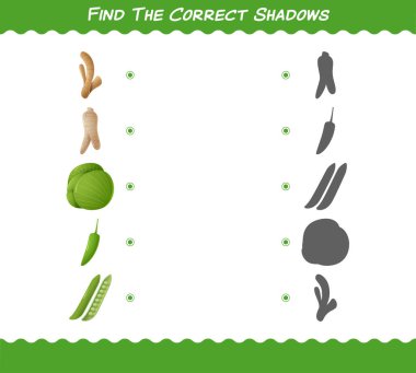 Çizgi film sebzelerinin doğru gölgelerini bul. Arama ve Eşleştirme oyunu. Okul öncesi çocuklar ve bebekler için eğitici bir oyun