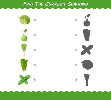 Çizgi film sebzelerinin doğru gölgelerini bul. Arama ve Eşleştirme oyunu. Okul öncesi çocuklar ve bebekler için eğitici bir oyun