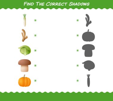 Çizgi film sebzelerinin doğru gölgelerini bul. Arama ve Eşleştirme oyunu. Okul öncesi çocuklar ve bebekler için eğitici bir oyun