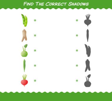 Çizgi film sebzelerinin doğru gölgelerini bul. Arama ve Eşleştirme oyunu. Okul öncesi çocuklar ve bebekler için eğitici bir oyun