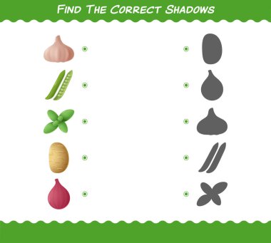 Çizgi film sebzelerinin doğru gölgelerini bul. Arama ve Eşleştirme oyunu. Okul öncesi çocuklar ve bebekler için eğitici bir oyun