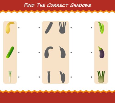 Çizgi film sebzelerinin doğru gölgelerini bul. Arama ve Eşleştirme oyunu. Okul öncesi çocuklar ve bebekler için eğitici bir oyun