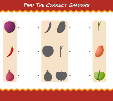 Çizgi film sebzelerinin doğru gölgelerini bul. Arama ve Eşleştirme oyunu. Okul öncesi çocuklar ve bebekler için eğitici bir oyun