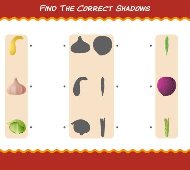 Çizgi film sebzelerinin doğru gölgelerini bul. Arama ve Eşleştirme oyunu. Okul öncesi çocuklar ve bebekler için eğitici bir oyun