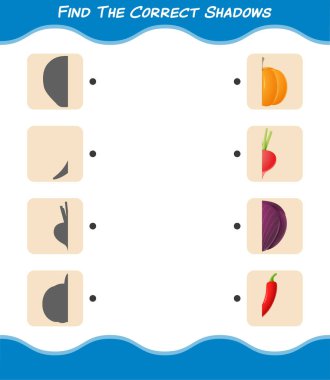 Çizgi film sebzelerinin doğru gölgelerini bul. Arama ve Eşleştirme oyunu. Okul öncesi çocuklar ve bebekler için eğitici bir oyun