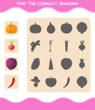 Çizgi film sebzelerinin doğru gölgelerini bul. Arama ve Eşleştirme oyunu. Okul öncesi çocuklar ve bebekler için eğitici bir oyun