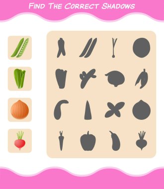 Çizgi film sebzelerinin doğru gölgelerini bul. Arama ve Eşleştirme oyunu. Okul öncesi çocuklar ve bebekler için eğitici bir oyun