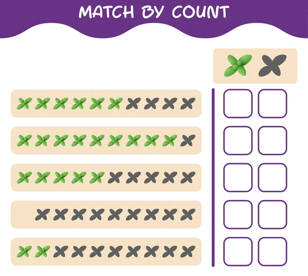 Correspondre Nombre Feuilles Menthe Dessin Animé Match Compte Jeu Jeu — Image vectorielle