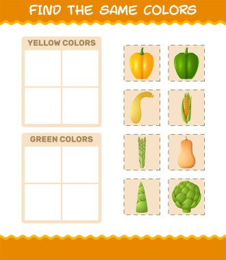 Aynı renkte sebzeler bul. Arama ve Eşleştirme oyunu. Okul öncesi çocuklar ve bebekler için eğitici bir oyun