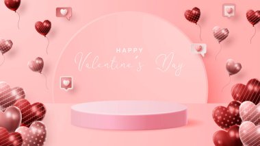 Sancak, reklam ve iş dünyası için Sevgililer Günü 3D podyum ürün sunumu. vektör illüstrasyonu