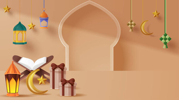 Islamic display decoration background with islamic ornament. Vector 3D Illustration