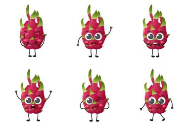 Beyaz arka planda izole edilmiş sevimli çizgi film ejderha meyve vektör karakter seti