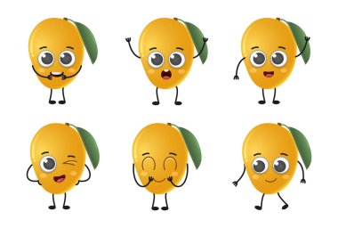 Beyaz arkaplanda izole edilmiş şirin mango meyve vektörü karakter kümesi