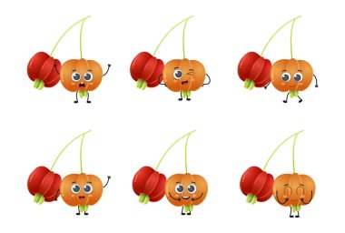 Beyaz arkaplanda izole edilmiş şirin çizgi film pitanga meyve vektör karakter kümesi