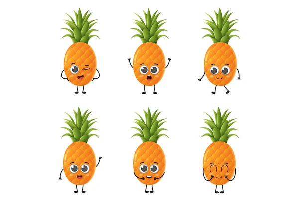 Set Cute Cartoon Pineapple Fruit Vector Character Set Isolated White — Wektor stockowy