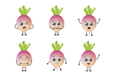 Beyaz zemin üzerinde izole edilmiş şirin şalgam sebze vektör karakter seti