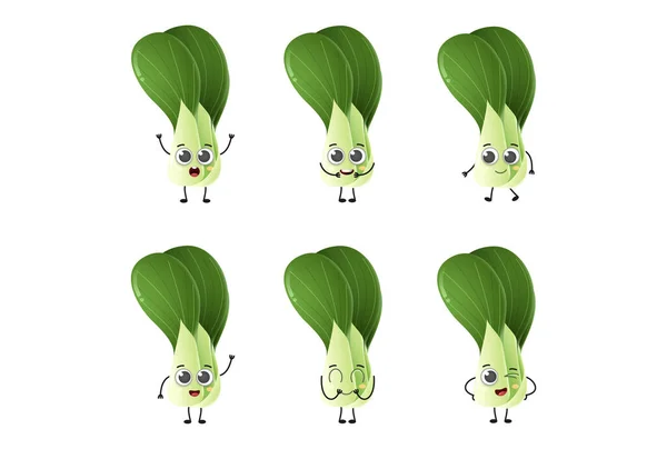 Sada Roztomilé Karikatury Bok Choy Zelenina Vektor Znak Set Izolované — Stockový vektor