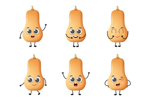 Set Cute Cartoon Butternut Squash Vegetables Vector Character Set Isolated — Vetor de Stock