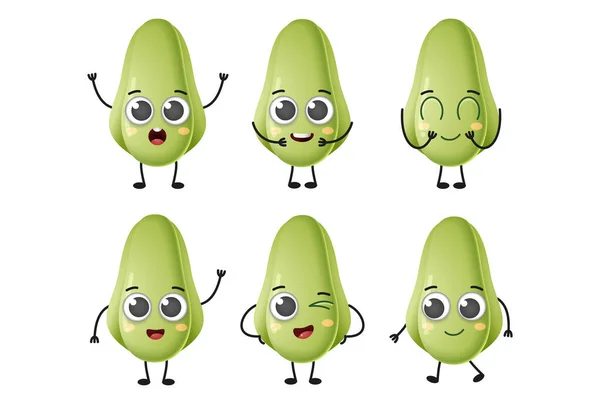 Set Cute Cartoon Chayote Vegetables Vector Character Set Isolated White — стоковый вектор