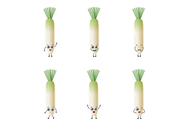 Set Cute Cartoon Daikon Vegetables Vector Character Set Isolated White — Image vectorielle