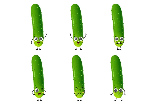 Set Cute Cartoon Cucumber Vegetables Vector Character Set Isolated White — Wektor stockowy