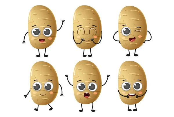 Set Cute Cartoon Potato Vegetables Vector Character Set Isolated White — Stok Vektör