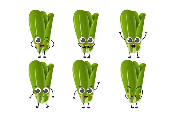 Set Cute Cartoon Lettuce Vegetables Vector Character Set Isolated White — стоковый вектор