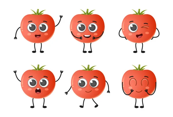 Set Cute Cartoon Tomato Vegetables Vector Character Set Isolated White — Stock Vector