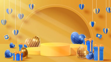 Plaj süsüsüyle süslenmiş yaz podyumu dekorasyonu. Vektör 3B Görüntü