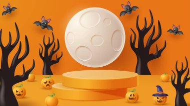 Cadılar Bayramı podyum dekorasyonunun arka planında korkunç bir süs var. Vektör 3B Görüntü