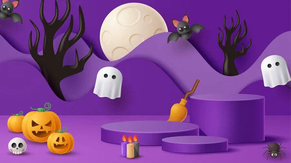 Halloween Display Podium Dekoration Bakgrund Med Skrämmande Prydnad Vektor Illustration — Stock vektor