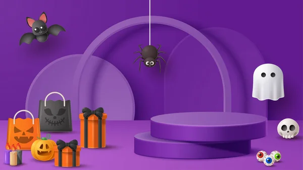 ハロウィンは怖い飾りと表彰台の装飾の背景を表示します ベクトル3Dイラスト — ストックベクタ