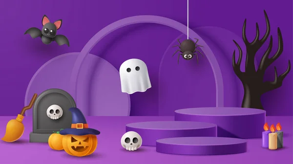 Halloween Display Podium Dekoration Bakgrund Med Skrämmande Prydnad Vektor Illustration — Stock vektor