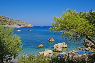 Deniz, ağaçlar ve kayalar ile peyzaj