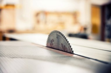 Testere bıçağını kapat. Ahşap atölyesi. Marangozluk aracı. 