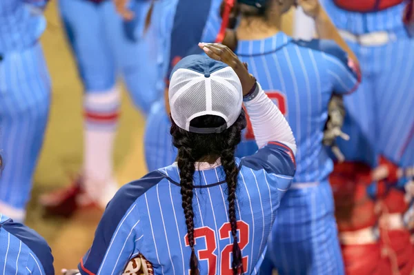 Egy Softball Játékosról Készült Kép Női Atléta Dobó Épp Most — Stock Fotó