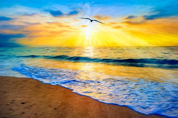 Bird Silhouette Flying Light Sun Rays Emanate Ocean Sunset Sky — Fotografia de Stock