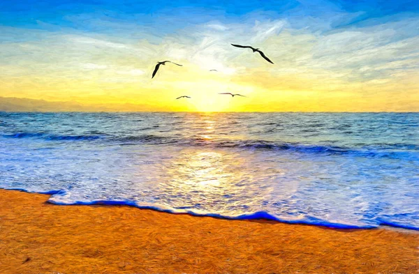 Flock Birds Flying Light Sun Rays Emanate Ocean Sunset Sky — стокове фото