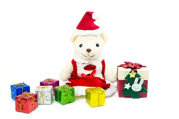 Концепция Нового Года Рождества Медвежонок Тедди Санта Наборе Множеством Разноцветных — стоковое фото