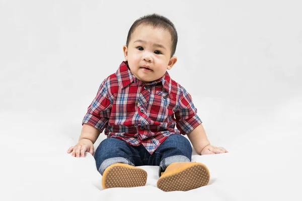Netter Monate Kleiner Asiatischer Junge Lässigem Outfit Und Babystiefeln Auf — Stockfoto